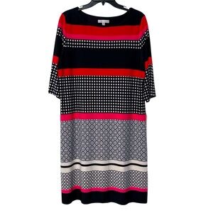 Sandra Darren Round Neck Half‎ Sleeve Striped Dress Pink Black Red Size 16 NWT